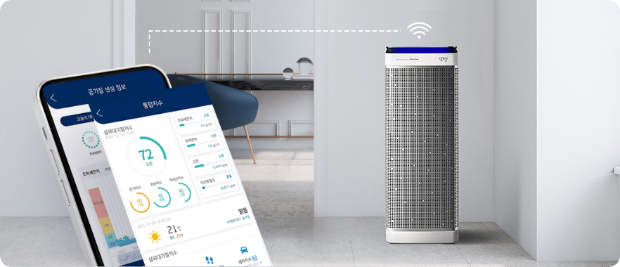세스코(CESCO)의 공기살균청정기 제품을 사용하여 수집된 공기질 데이터 분석을 통해 환기타이밍 알림과 공기질 정보를 휴대폰을 통해 표시되고 있습니다.